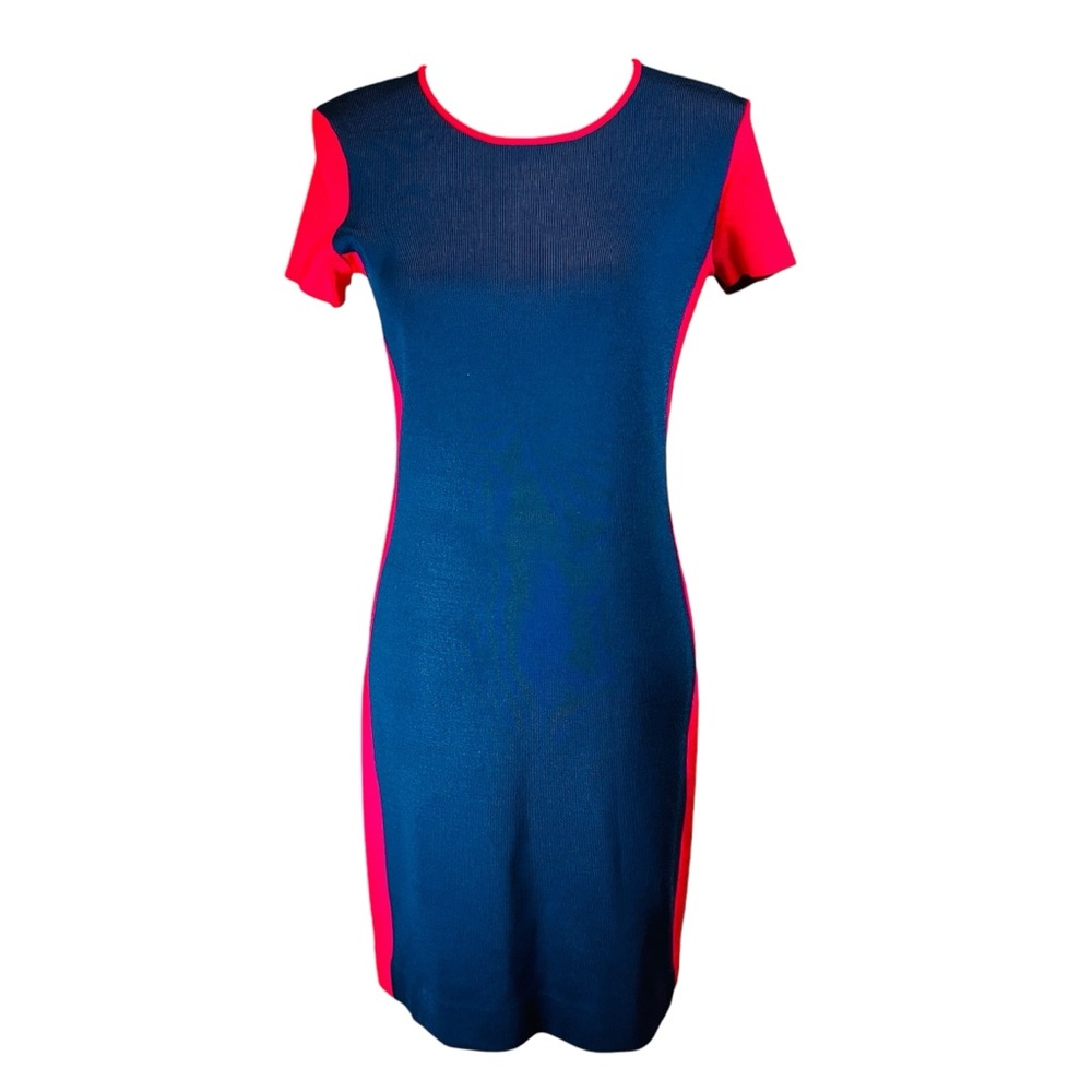PINK TARTAN Blue Red Knit‎ Sheath Dress Sz Large Short Sleeve Office Work Career
